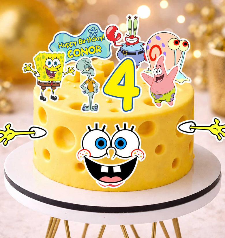 SpongeBob cake toppers set of 10 with personalized name on yellow cheese birthday cake