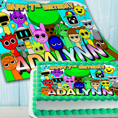 Sprunki Kids Birthday Edible Cake Topper – Rectangular Design – Wafer Paper, Sugar Sheet, Chocotransfer