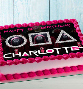 Squid Game Birthday Themed Edible Cake Topper - Rectangular Design - Wafer Paper, Sugar Sheet, Chocotransfer