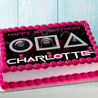 Squid Game Birthday Themed Edible Cake Topper - Rectangular Design - Wafer Paper, Sugar Sheet, Chocotransfer
