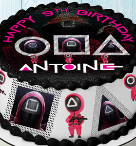 Squid Game Cake Toppers – Set of 4 Edible Decorations – Wafer Paper & Sugar Sheet for Birthday Party