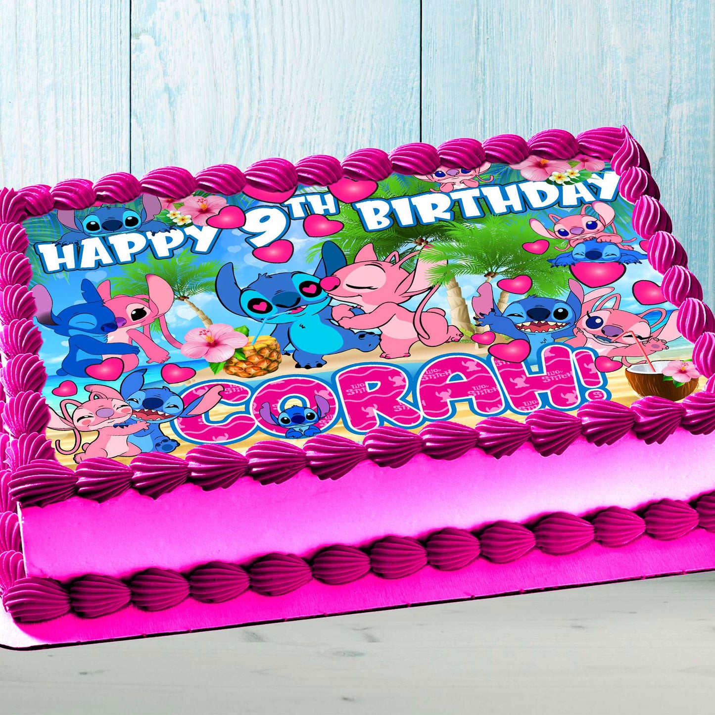 Stitch and Angel Birthday Themed Edible Cake Topper - Rectangular Design - Wafer Paper, Sugar Sheet, Chocotransfer