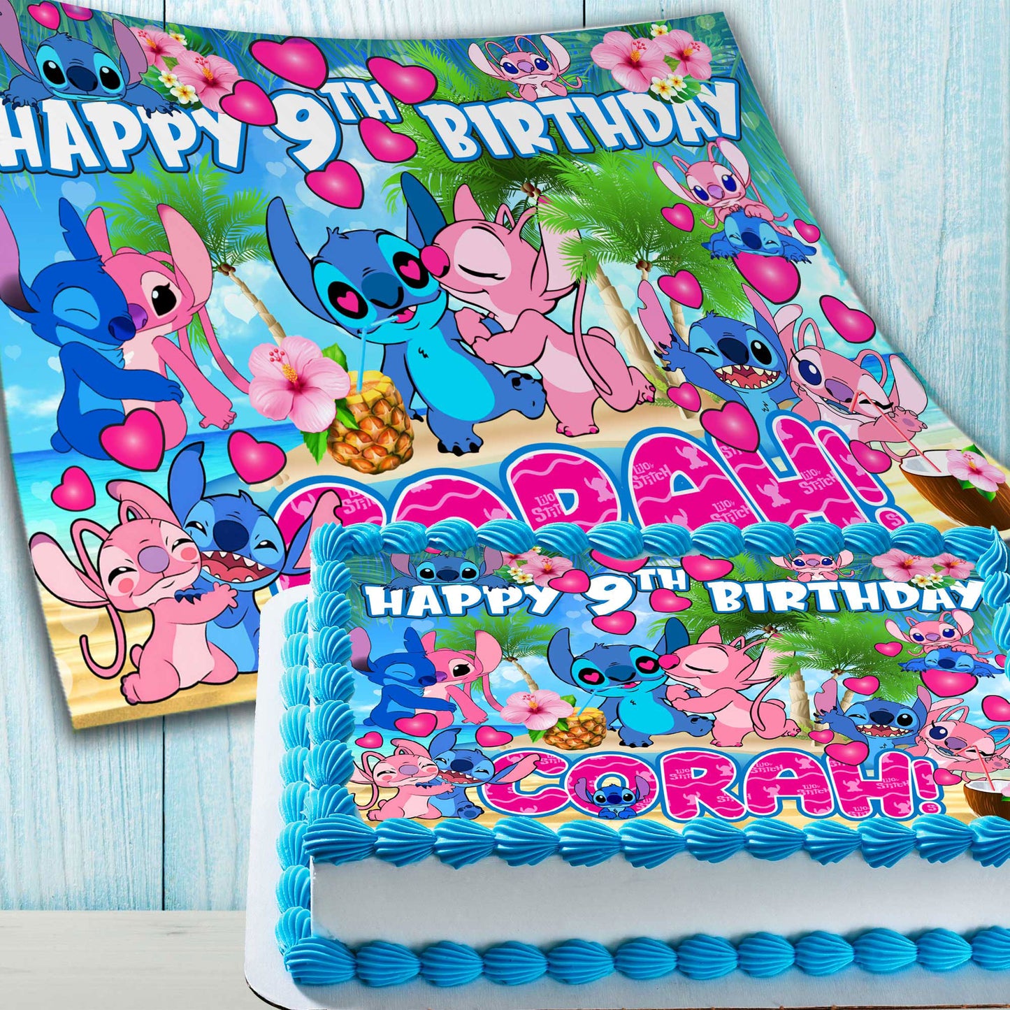 Stitch and Angel Birthday Themed Edible Cake Topper - Rectangular Design - Wafer Paper, Sugar Sheet, Chocotransfer