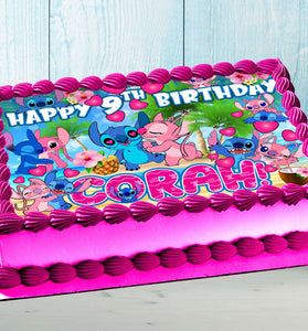 Stitch and Angel Birthday Themed Edible Cake Topper - Rectangular Design - Wafer Paper, Sugar Sheet, Chocotransfer