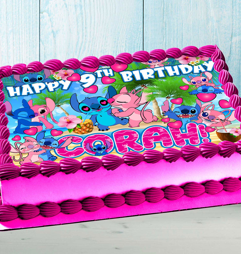 Stitch and Angel Birthday Themed Edible Cake Topper - Rectangular Design - Wafer Paper, Sugar Sheet, Chocotransfer