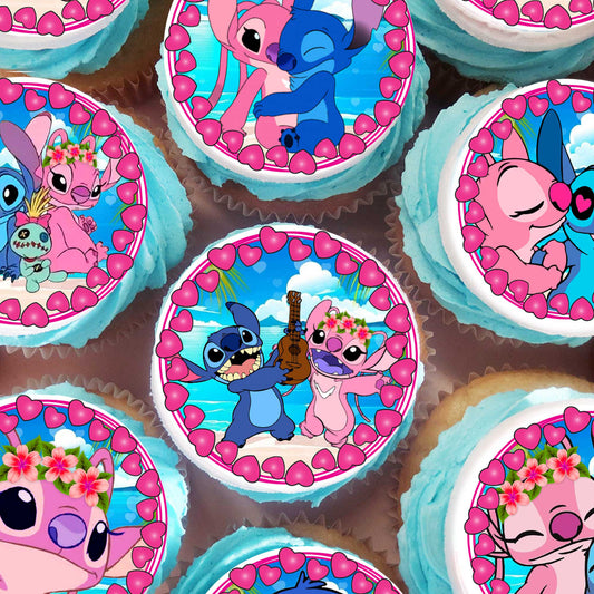 Stitch and Angel Cupcake Toppers – Precut Edible Wafer, Sugar Sheet or Chocotransfer