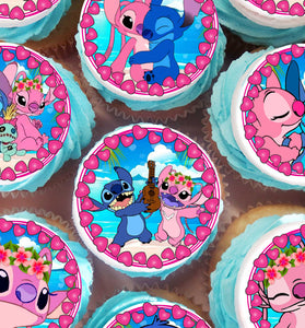 Stitch and Angel Cupcake Toppers – Precut Edible Wafer, Sugar Sheet or Chocotransfer