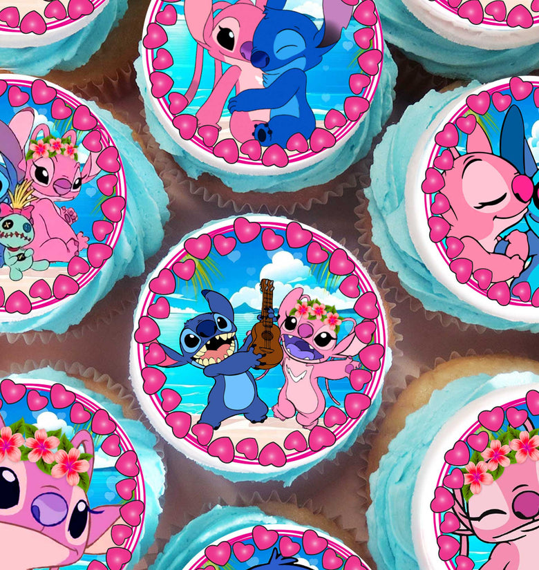 Stitch and Angel Cupcake Toppers – Precut Edible Wafer, Sugar Sheet or Chocotransfer