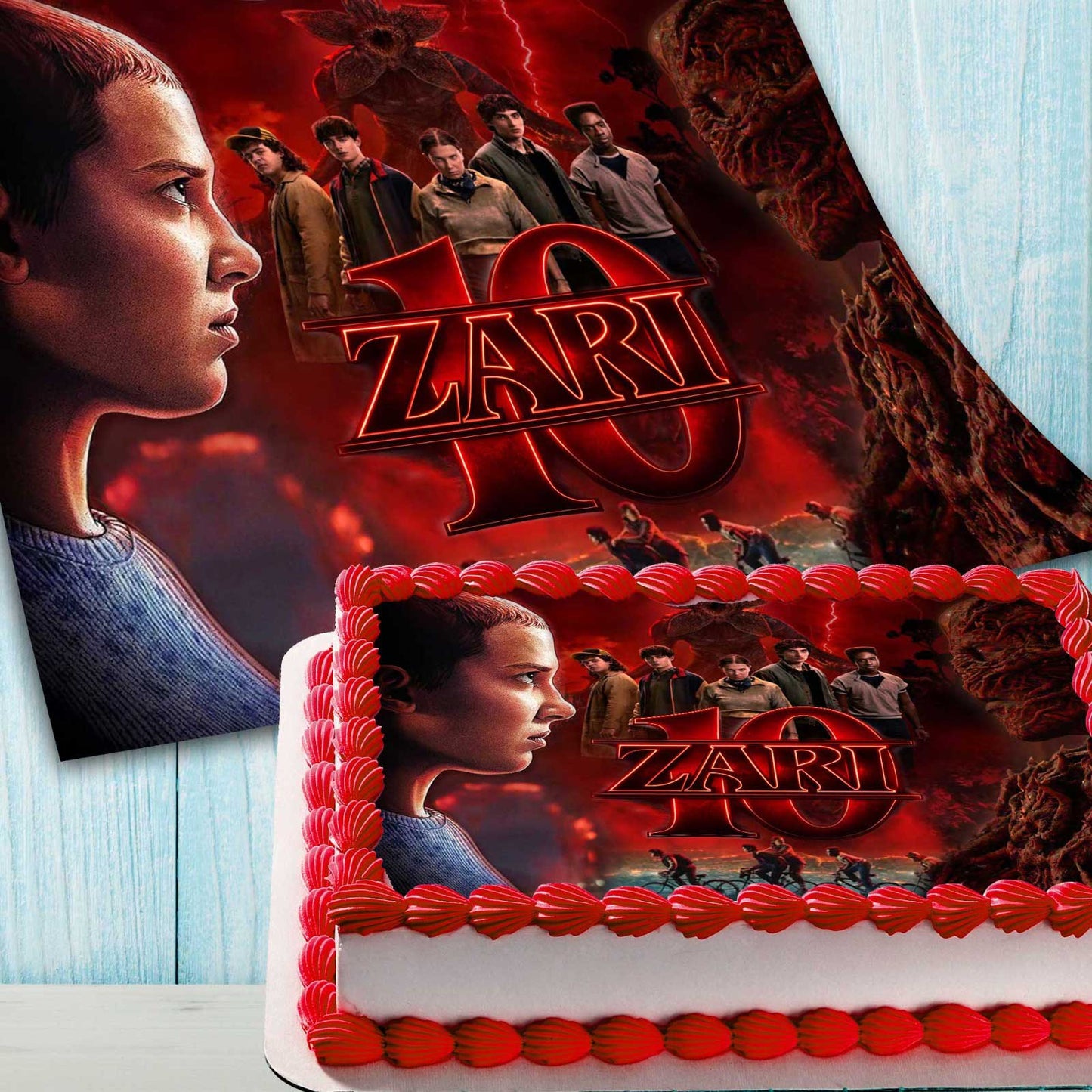 Stranger Things edible cake image sheet and decorated birthday cake example