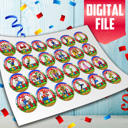 24 Super Mario Edible Cupcake Toppers - Precut on Wafer Paper, Sugar Sheet, or without cutting Chocotransfer