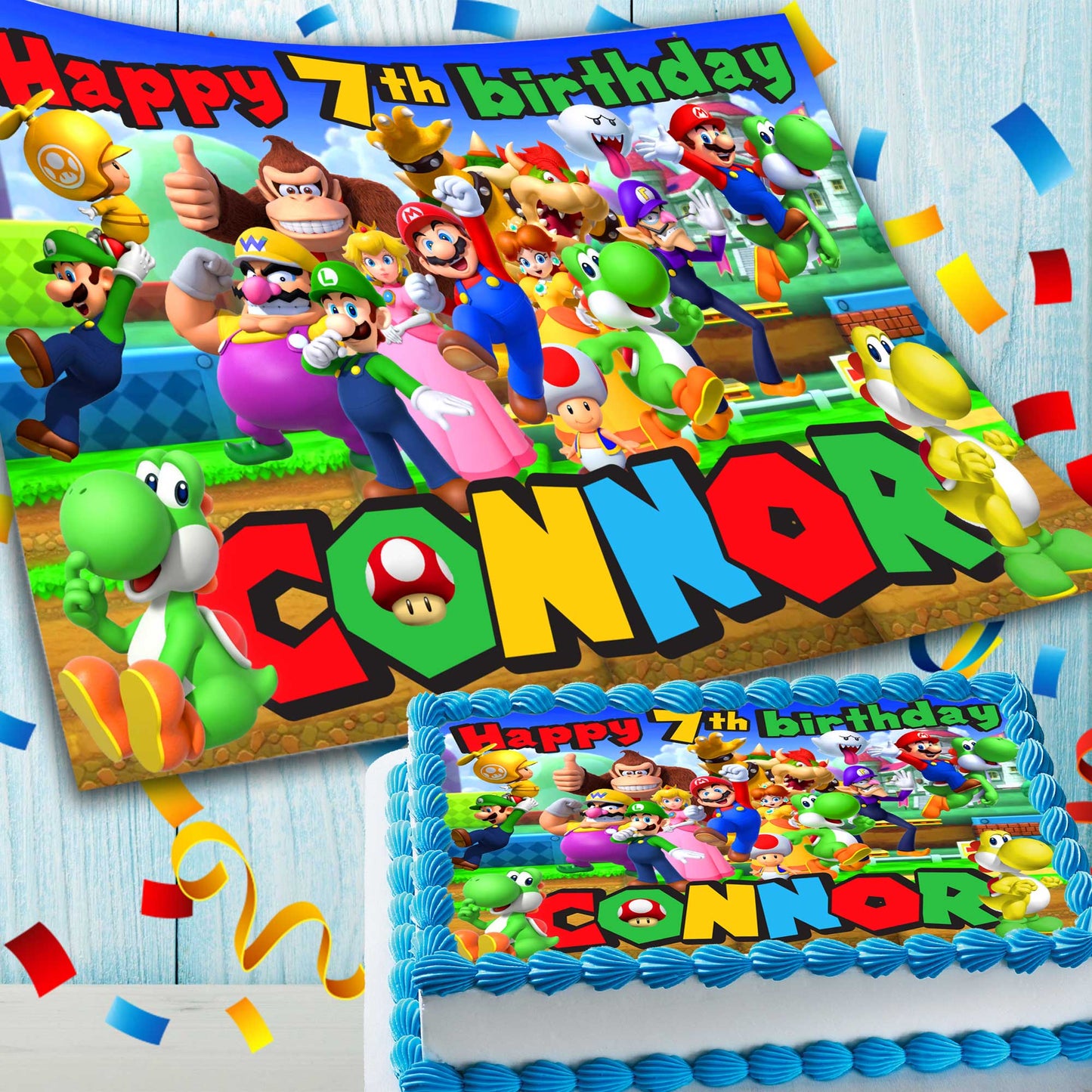 Super Mario Birthday Themed Edible Cake Topper - Rectangular Design - Wafer Paper, Sugar Sheet, Chocotransfer