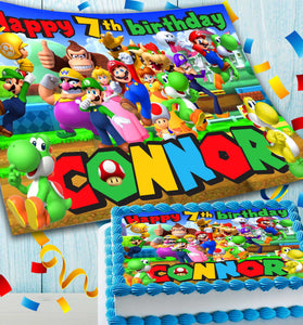 Super Mario Birthday Themed Edible Cake Topper - Rectangular Design - Wafer Paper, Sugar Sheet, Chocotransfer