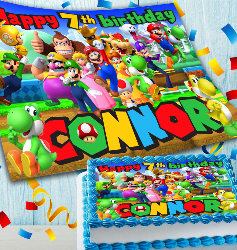 Super Mario Birthday Themed Edible Cake Topper - Rectangular Design - Wafer Paper, Sugar Sheet, Chocotransfer