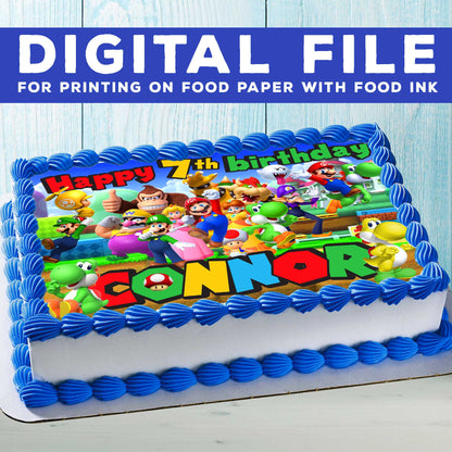 Super Mario Birthday Themed Edible Cake Topper - Rectangular Design - Wafer Paper, Sugar Sheet, Chocotransfer