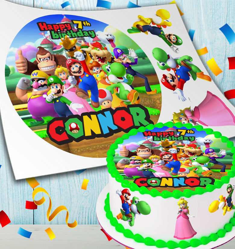 Collection of 4 Pre-cut Super Mario Edible Cake Toppers: Choose from Wafer Paper, Sugar Sheet, or Uncut Chocotransfer Options