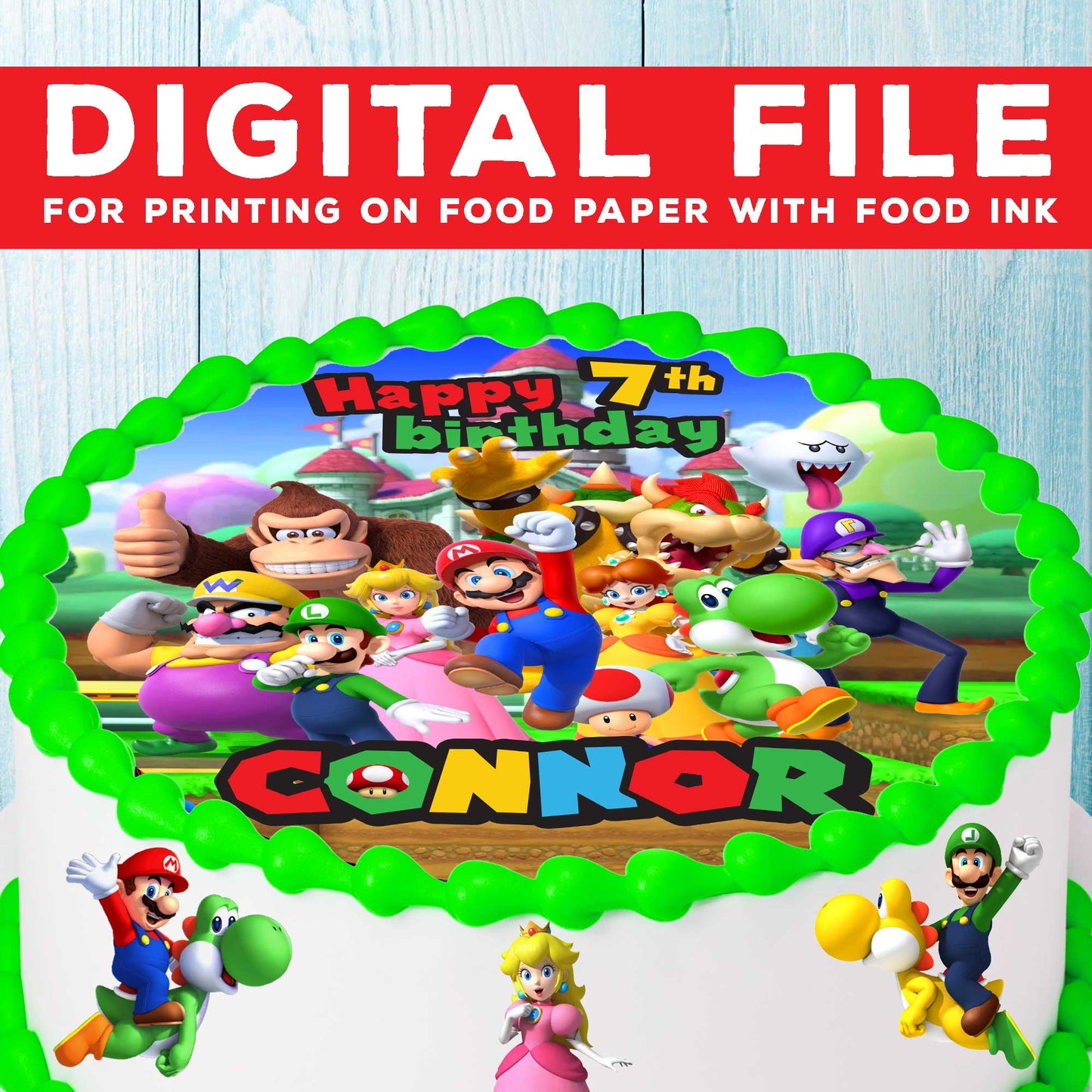 Collection of 13 Pre-cut Super Mario Edible Cake Toppers: Choose from Wafer Paper, Sugar Sheet, or Uncut Chocotransfer Options