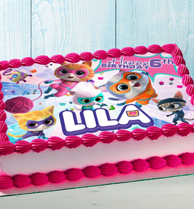 Kids birthday cake with colorful cute kittens edible topper and bright pink frosting