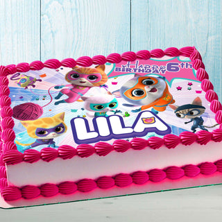 Kids birthday cake with colorful cute kittens edible topper and bright pink frosting