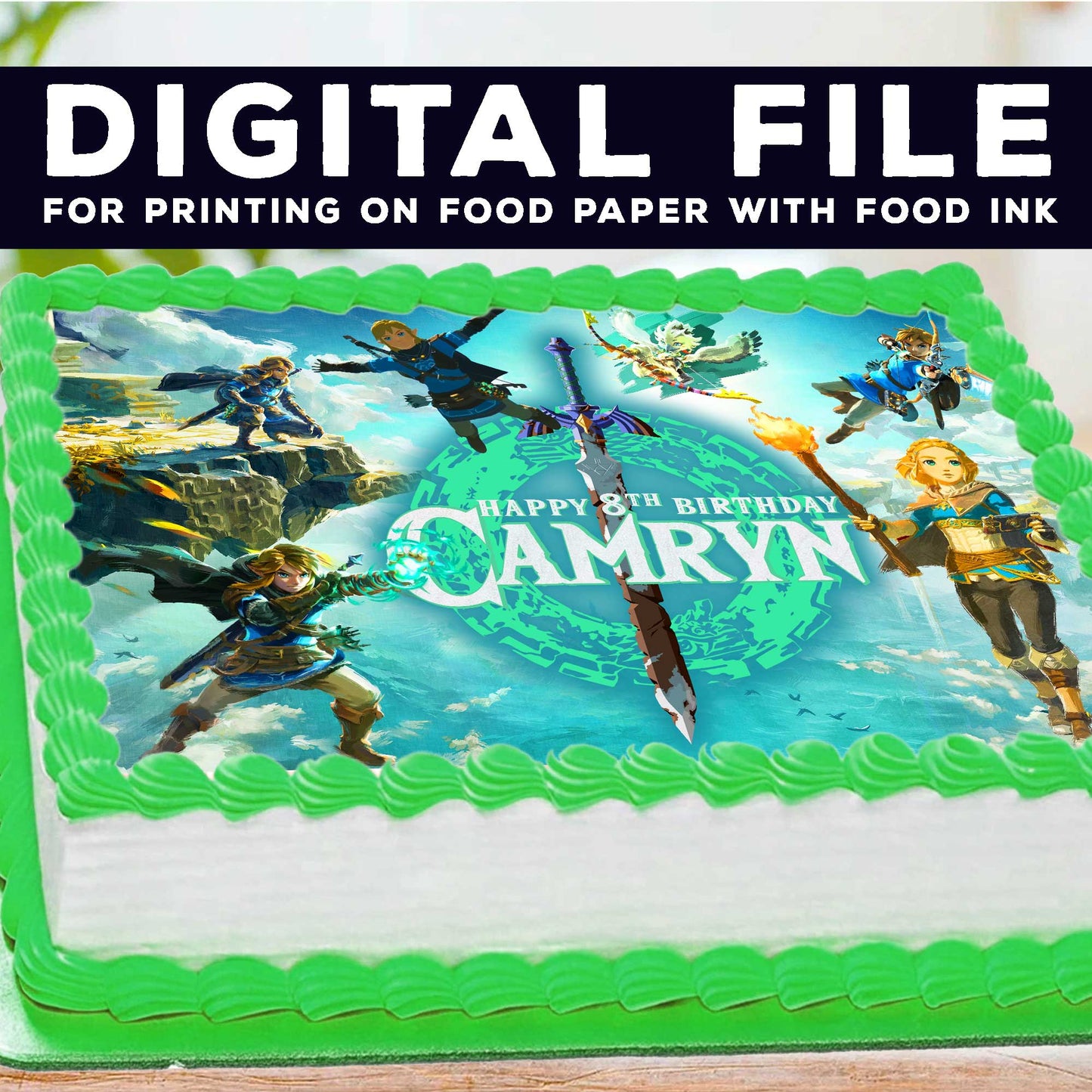 The Legend of Zelda Birthday Edible Cake Topper – Video Game Theme – Rectangular Design – Wafer Paper, Sugar Sheet, Chocotransfer