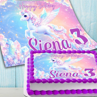 Close-up unicorn cake topper with custom name and age, pastel magical theme