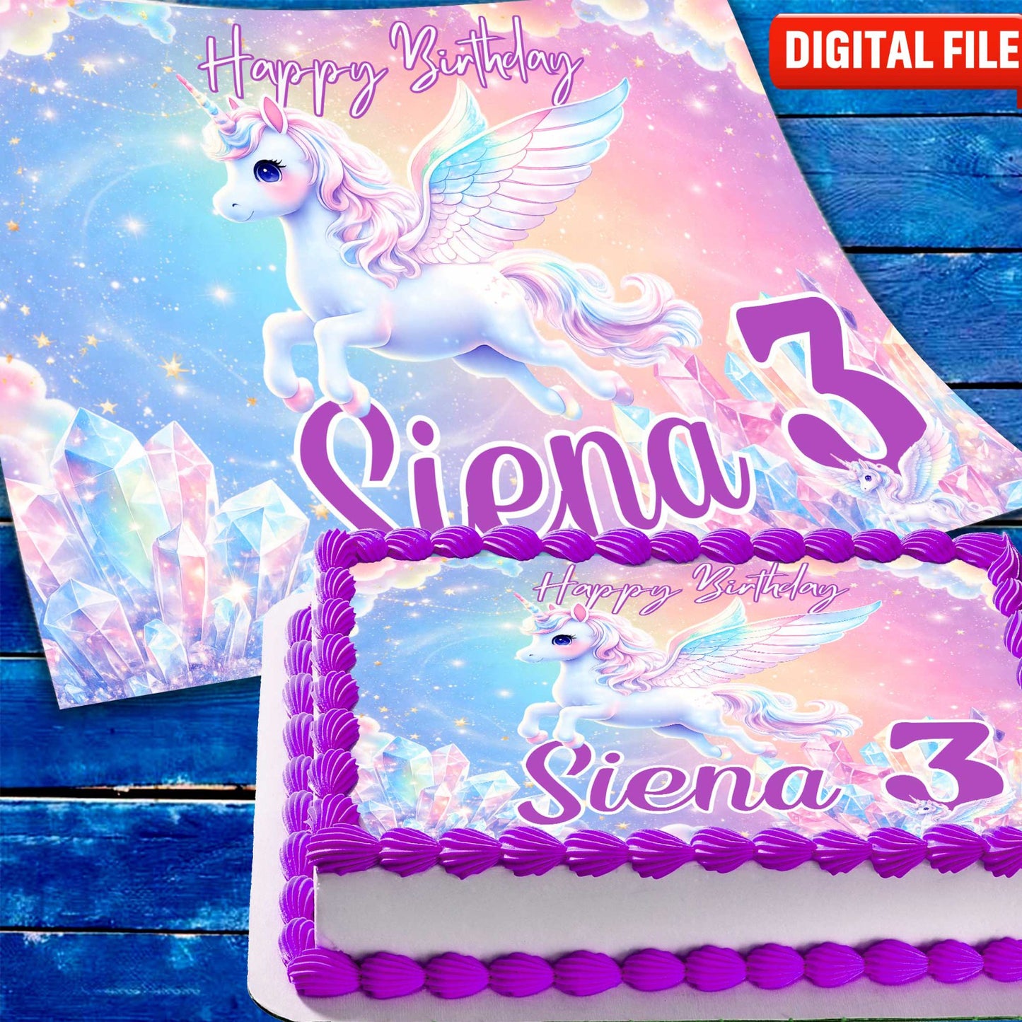 Editable unicorn cake topper template for kids birthday, instant digital download