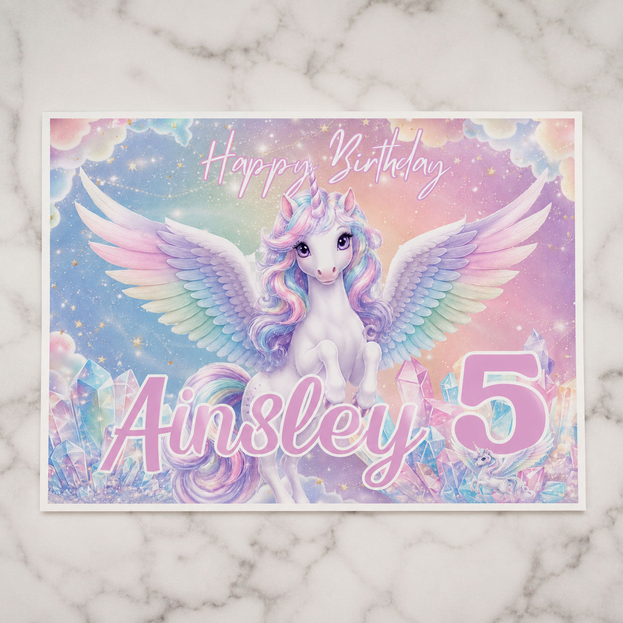 Unicorn birthday edible image shown with pastel party artwork and personalized print sheet