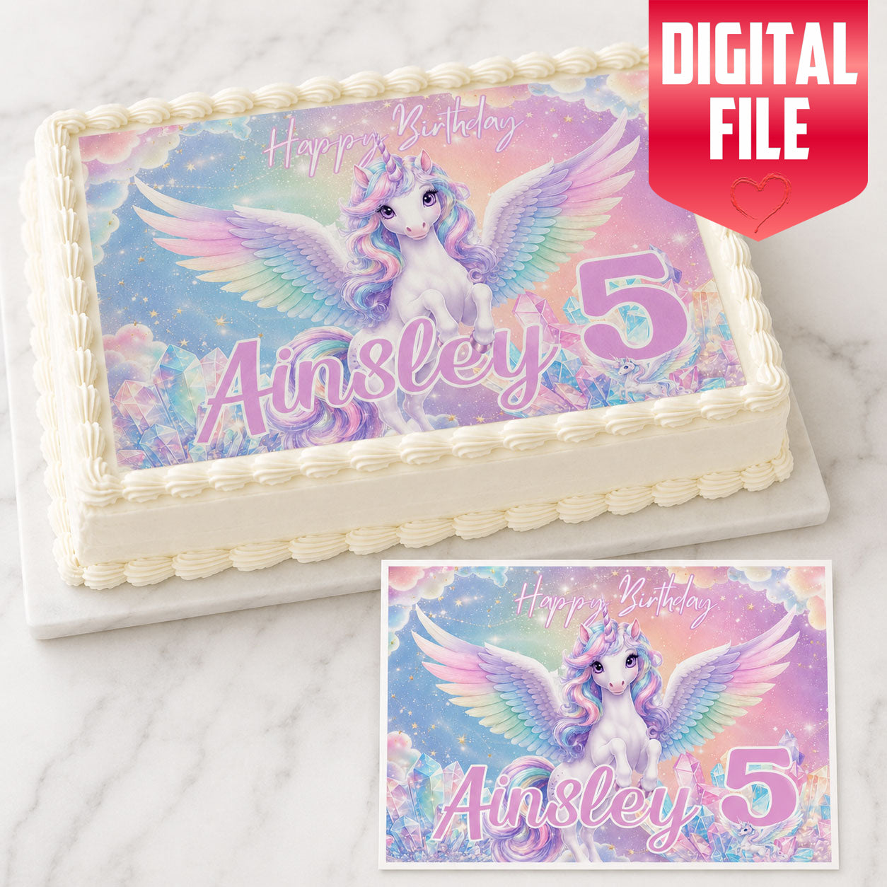 Close-up of pastel unicorn birthday edible image with rainbow and character details