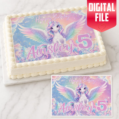 Close-up of pastel unicorn birthday edible image with rainbow and character details