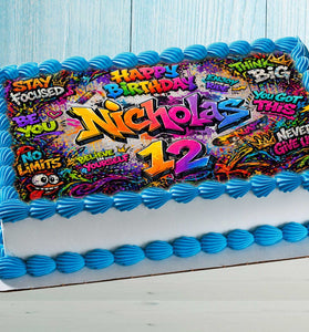 Graffiti birthday edible cake topper personalized with name and age on rectangular birthday cake