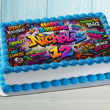 Graffiti birthday edible cake topper personalized with name and age on rectangular birthday cake