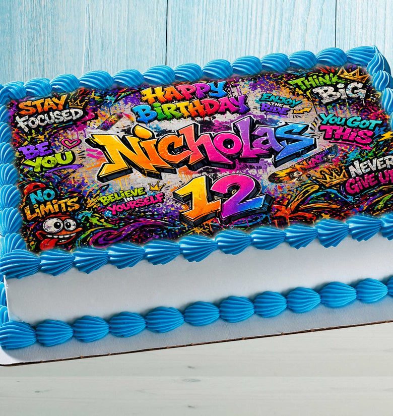 Graffiti birthday edible cake topper personalized with name and age on rectangular birthday cake