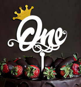 White Acrylic "One" Cake Topper with Gold Crown | Elegant First Birthday Cake Decoration | Unique Customizable Toppers
