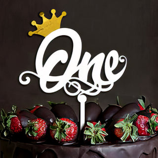 White Acrylic "One" Cake Topper with Gold Crown | Elegant First Birthday Cake Decoration | Unique Customizable Toppers