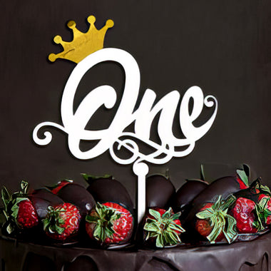 White Acrylic "One" Cake Topper with Gold Crown | Elegant First Birthday Cake Decoration | Unique Customizable Toppers