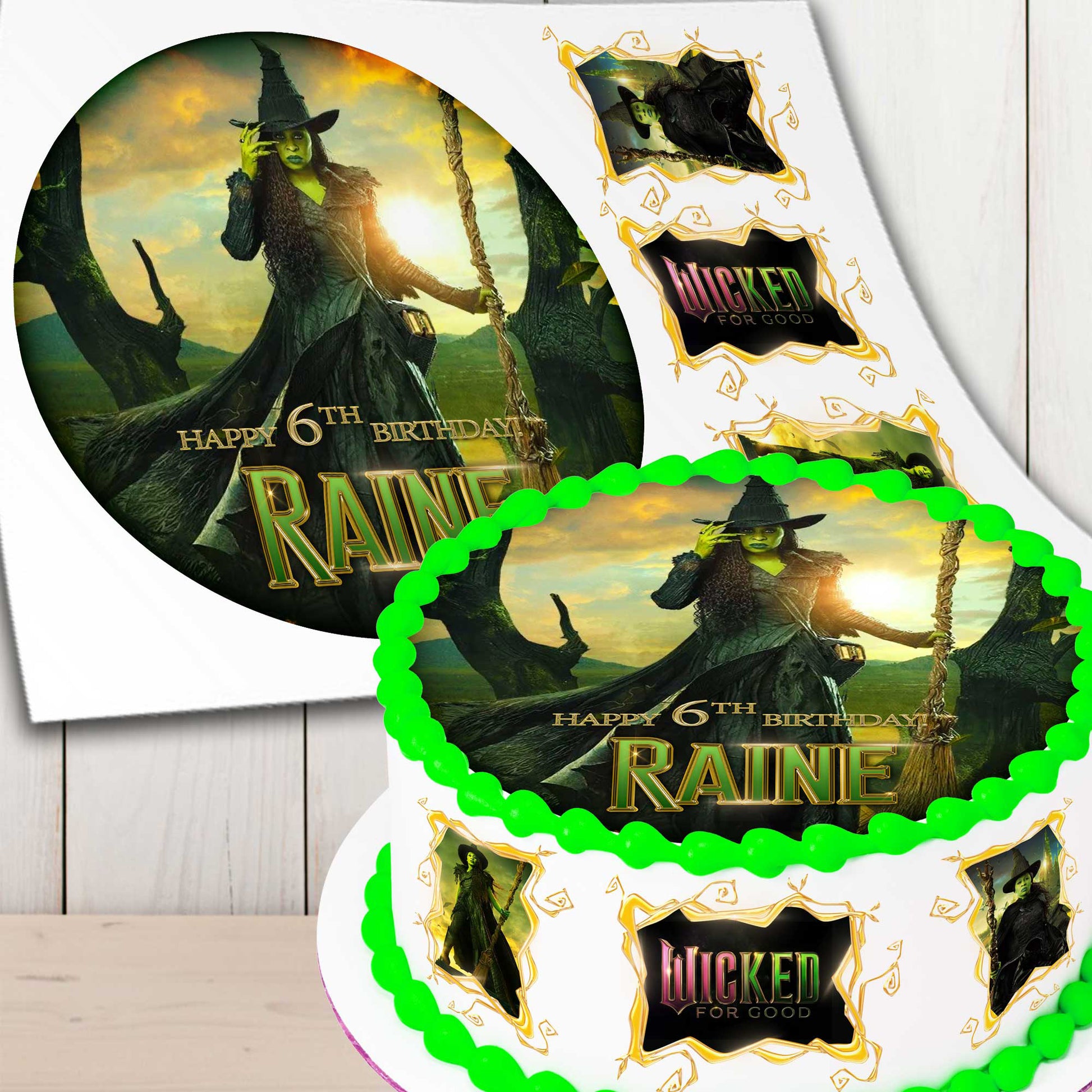 Green witch edible cake topper sheet with personalized birthday text and themed logo badge