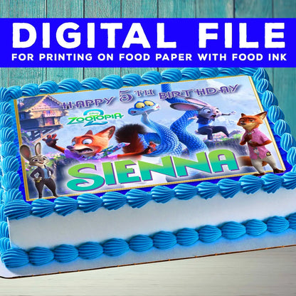 Zootopia 2 Birthday Themed Edible Cake Topper – Rectangular Design – Wafer Paper, Sugar Sheet, Chocotransfer