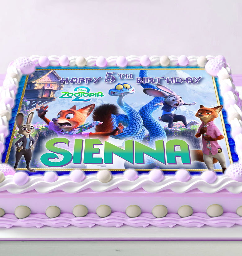 Zootopia 2 Birthday Themed Edible Cake Topper – Rectangular Design – Wafer Paper, Sugar Sheet, Chocotransfer