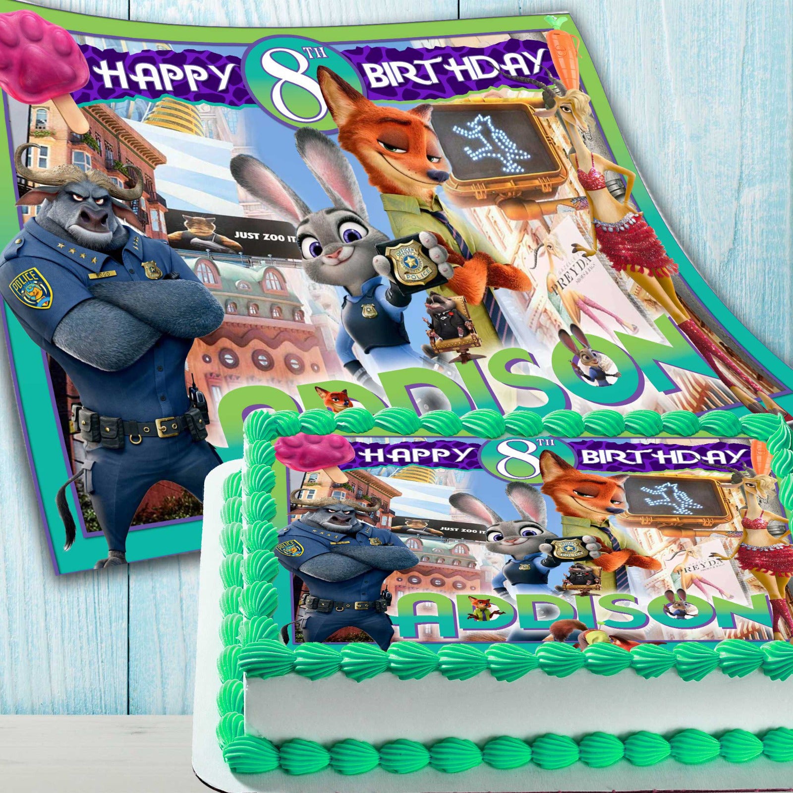 Zootopia edible cake topper design preview and finished birthday cake with personalized name and age