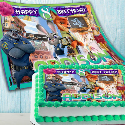 Zootopia edible cake topper design preview and finished birthday cake with personalized name and age