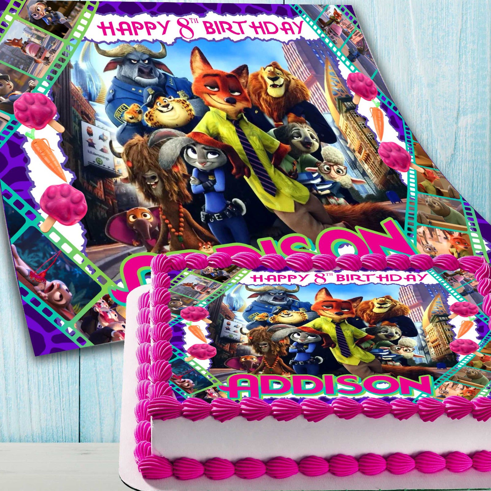 Zootopia rectangular edible cake topper sheet with name and age, wafer paper or sugar sheet decoration