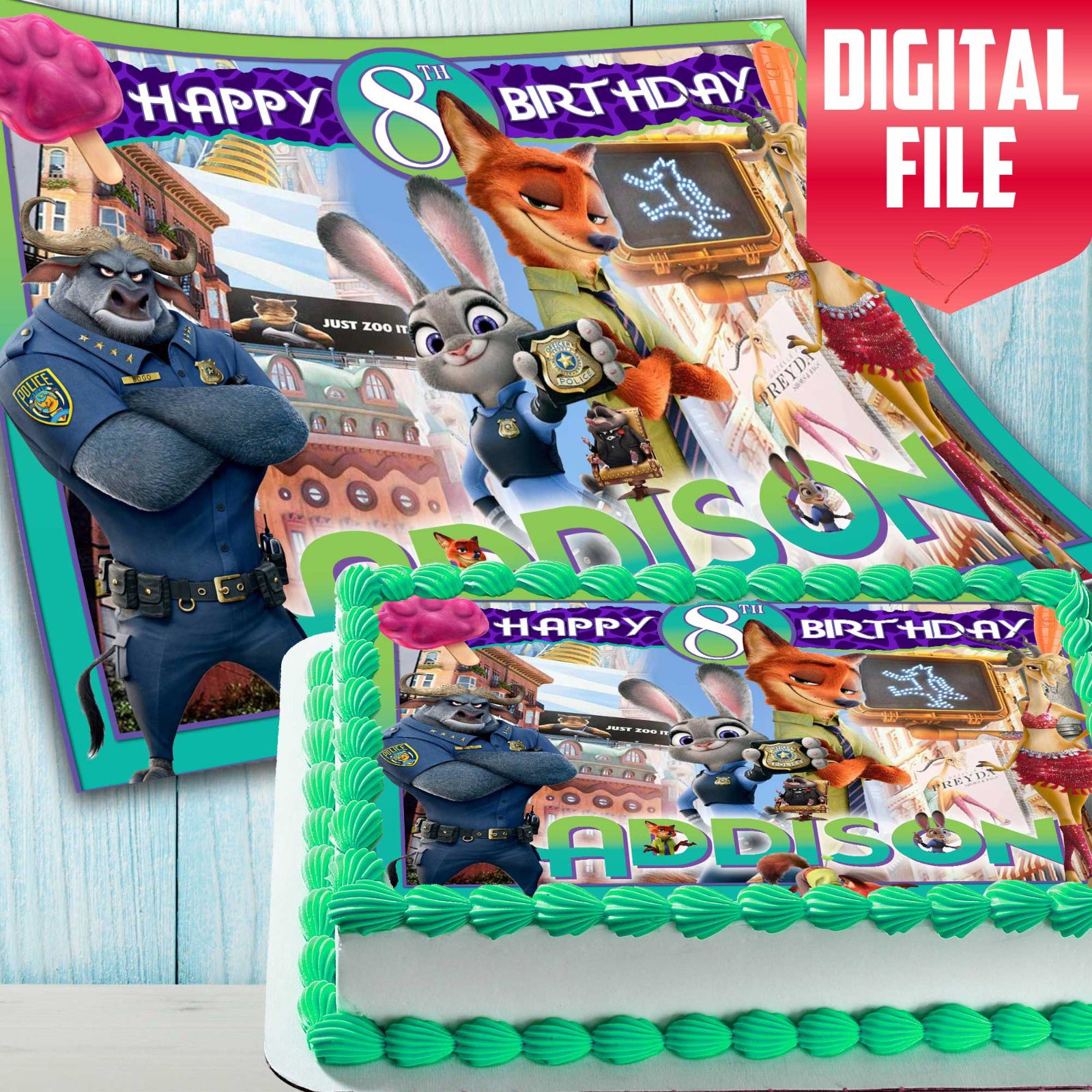 Zootopia birthday cake topper digital file, rectangular printable edible image with custom name and age
