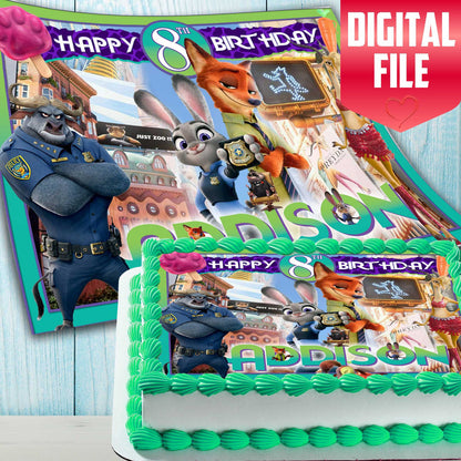 Zootopia birthday cake topper digital file, rectangular printable edible image with custom name and age