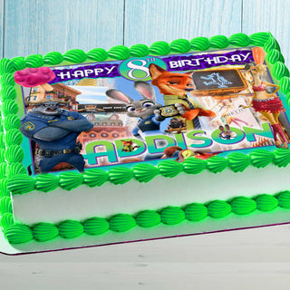 Zootopia birthday cake topper with name and age, rectangular edible image on green frosted cake for kids party