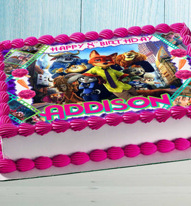 Zootopia birthday cake topper with name and age on a rectangular cake, colorful edible image for kids party