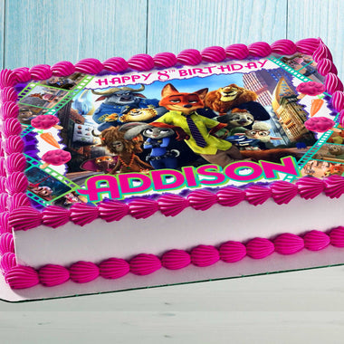 Zootopia birthday cake topper with name and age on a rectangular cake, colorful edible image for kids party