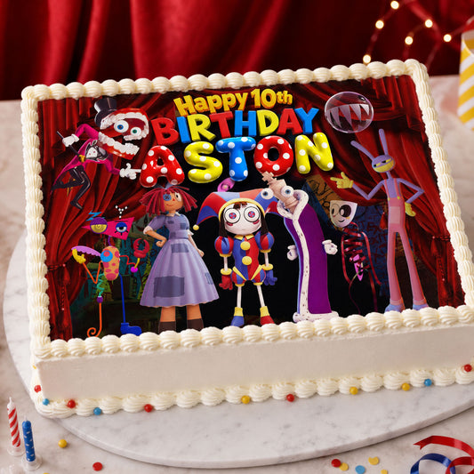 Amazing Digital Circus edible cake topper displayed on a birthday cake as the main hero photo