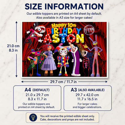 Amazing Digital Circus edible cake topper size guide showing A4 and A3 rectangular sheet options