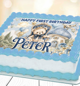 Personalized 1st birthday teddy bear edible cake topper for baby boy with name on blue theme