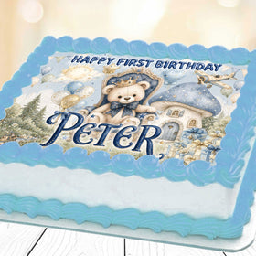 Personalized 1st birthday teddy bear edible cake topper for baby boy with name on blue theme