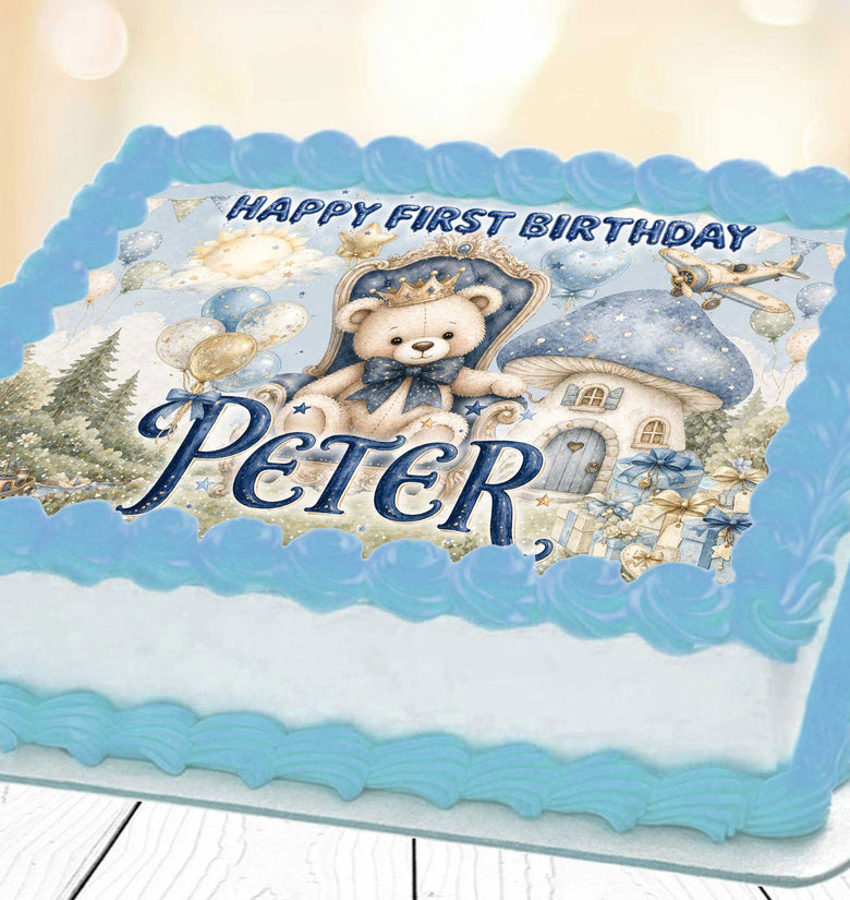 Personalized 1st birthday teddy bear edible cake topper for baby boy with name on blue theme